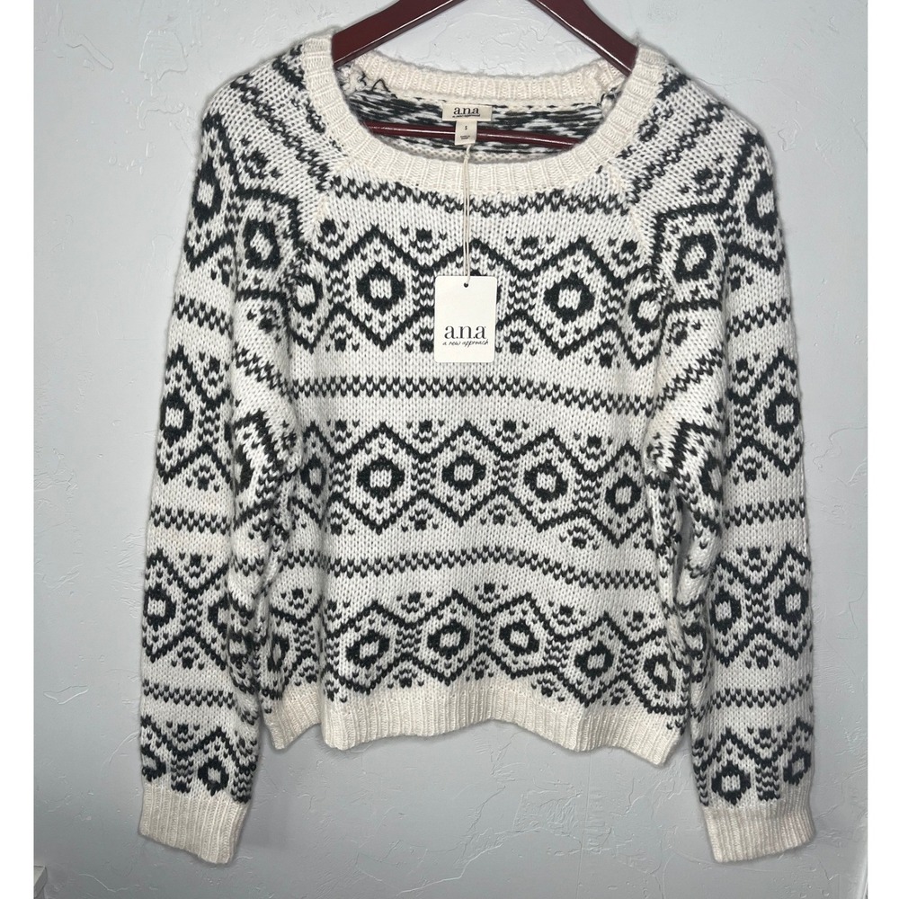 NWT a.n.a. A‎ New Approach Womens Cream Black Fair Isle Knit Sweater Small
